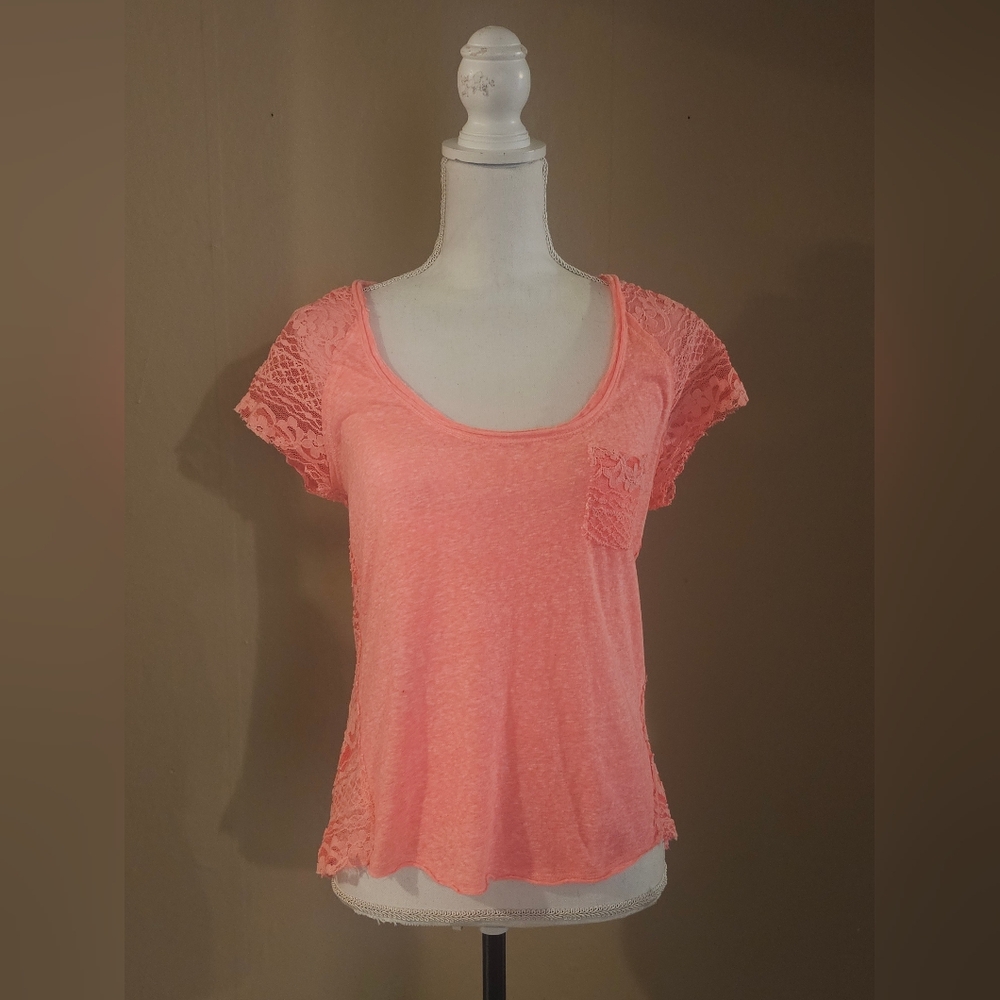 Y2K Hollister Coral Sheer Lace  Tee